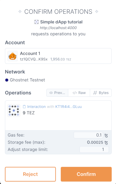 The transaction in the Temple wallet, showing the fees and prompting the user to approve the transaction